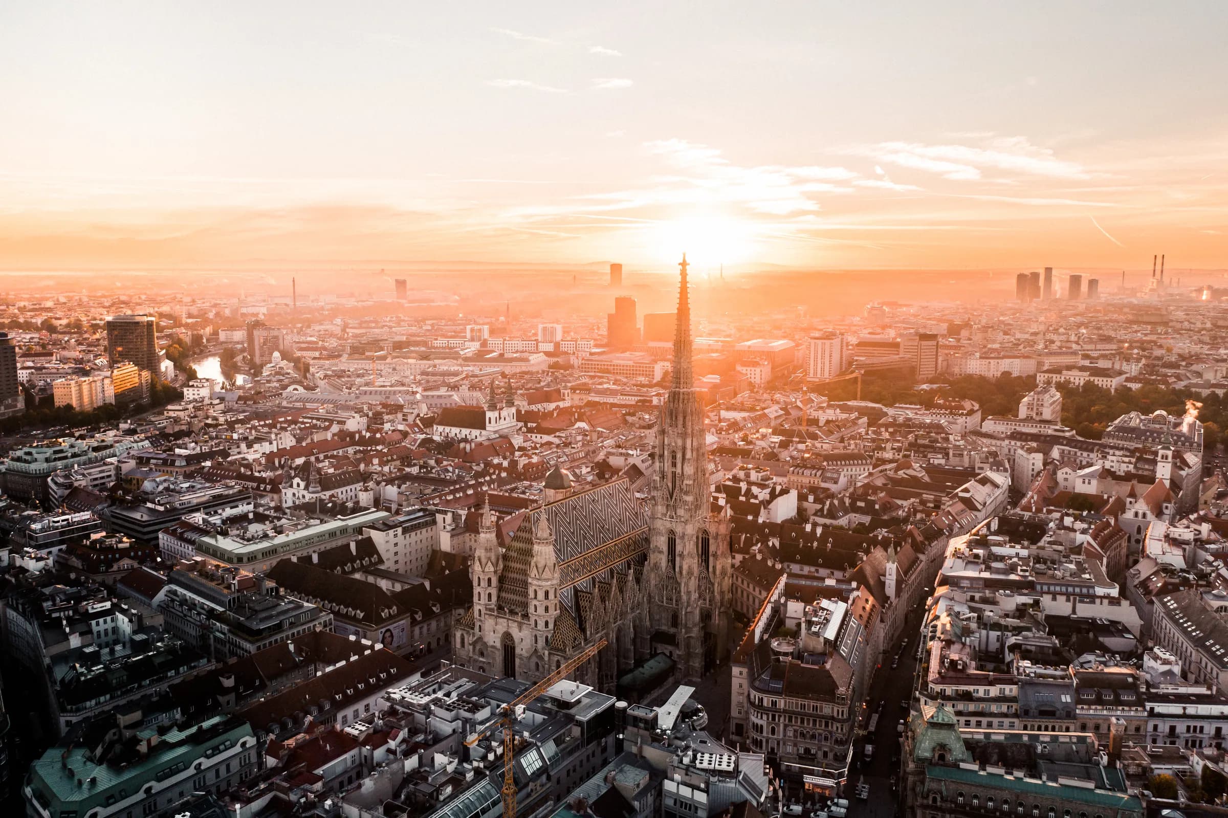 Vienna at sunset, St. Stephen's Cathedral over the rooftops